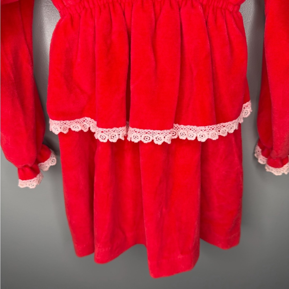 Peaches ‘n Cream Vintage 70s Layered Red Velour Lace Trimmed Dress - Picture 4 of 9